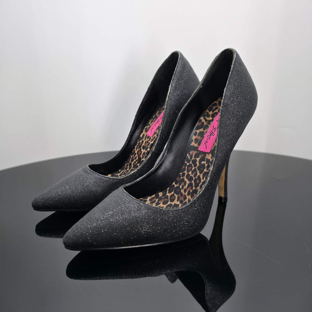 Y2K Betsey Johnson Black Glitter Stiletto Heels Women’s 7M Party Club Pumps - Picture 2 of 9